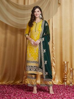 SERONA FABRICS - Mustard Embroidered Three Fourth Sleeves Kurta Pant with Dupatta
