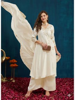 SERONA FABRICS - White Embroidered Three Fourth Sleeves Kurta Palazzo with Dupatta