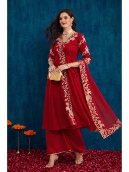 SERONA FABRICS - Red Embroidered Three Fourth Sleeves Kurta Palazzo with Dupatta