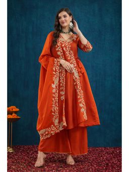 SERONA FABRICS - Rust Embroidered Three Fourth Sleeves Kurta Palazzo with Dupatta