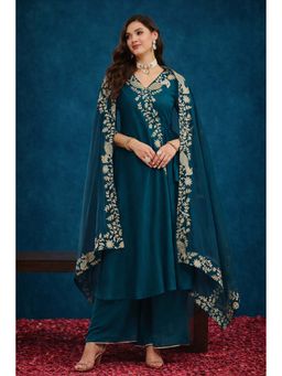 SERONA FABRICS - Green Embroidered Three Fourth Sleeves Kurta Palazzo with Dupatta