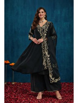 SERONA FABRICS - Black Embroidered Three Fourth Sleeves Kurta Palazzo with Dupatta