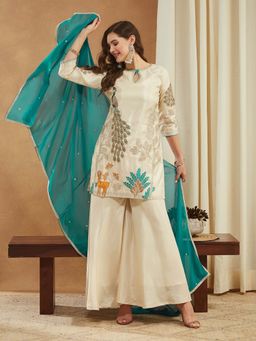SERONA FABRICS - Beige Embroidered Three Fourth Sleeves Kurta Palazzo with Dupatta