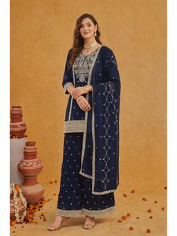 SERONA FABRICS - Navy Blue Embroidered Three Fourth Sleeves Kurta Palazzo with Dupatta