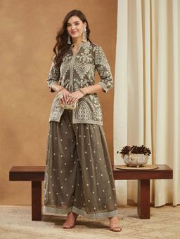 SERONA FABRICS - Grey Embroidered Three Fourth Sleeves Kurti and Palazzo