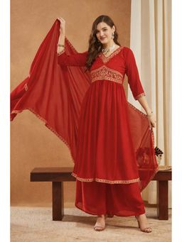 SERONA FABRICS - Red Embroidered Three Fourth Sleeves Kurta Palazzo with Dupatta