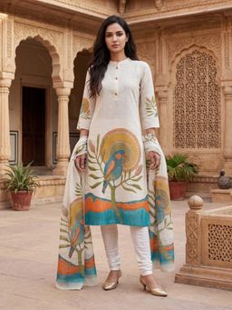 Autumnlane - White Printed Three Fourth Sleeves Kurta Pant with Dupatta