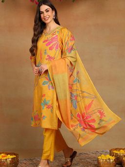 M MARCH LABEL - Mustard Floral Three Fourth Sleeves Kurta Pant with Dupatta