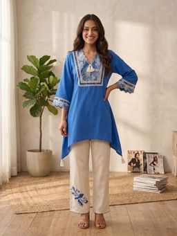 Autumnlane - Blue Embroidered Three Fourth Sleeves Co-Ord Set