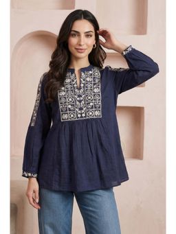 W - Navy Blue Embroidered Full Sleeves Top