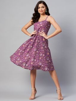 Miravan - Women Purple Floral Printed Knee Length Dress