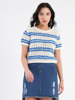 Madame - Striped Crocheted Beige Cotton Top