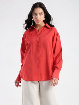 Madame - Embellished Patch Red Nylon Blend Shirt