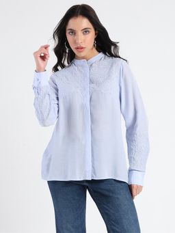 Madame - Tencel Blend Embroidery Detail Blue Shirt