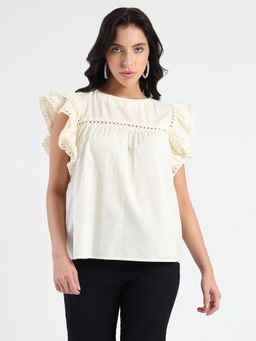 Madame - Lace Inserted Off White Cotton Top