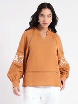 Madame - Smocked Lace Detailed Brown Top