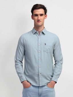 U.S. Polo Assn. Denim Co. - Solid Blue Full Sleeves Collar Neck Shirt