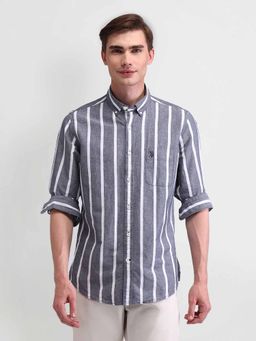 U.S. Polo Assn. Denim Co. - Stripes Navy Blue Full Sleeves Collar Neck Shirt