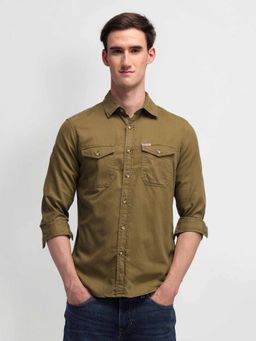 U.S. Polo Assn. Denim Co. - Solid Olive Full Sleeves Collar Neck Shirt
