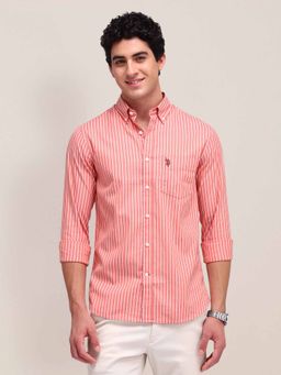 U.S. POLO ASSN. - Stripes Peach Full Sleeves Collar Neck Shirt
