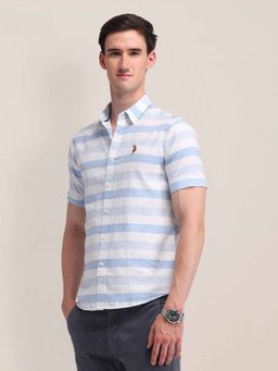 U.S. POLO ASSN. - Stripes Blue Half Sleeves Collar Neck Shirt