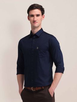 U.S. POLO ASSN. - Solid Navy Blue Full Sleeves Collar Neck Shirt