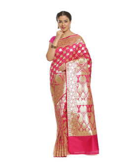 Banarasi Silk Works - Women Pink Booti Satin Saree with Unstitched Blouse