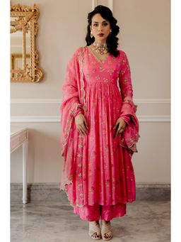 Paulmi & Harsh - Paulmi Harsh Fuschia Pink Chintz Embroidered Anarkali (Set of 3)