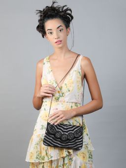 Odette - Black beaded stunning flap closure sling bag