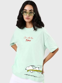 Bewakoof - Women's Green Go With The Flow Graphic Printed Oversized T-shirt