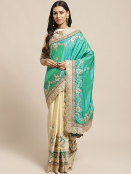 Readiprint - Beige & Green Art Silk Saree with Unstitched Blouse