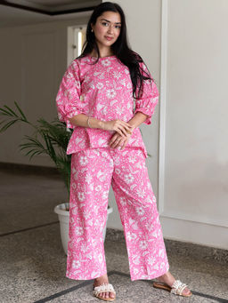 Libas - Pink Cotton Floral Printed with Front Tie-Up Detail Night Suit (Set of 2)