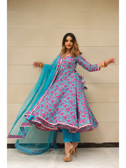 POMCHA - Chitra Hand Block Cotton Anarkali (Set of 3)