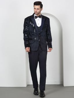 Aham-Vayam - Men's Navy Blue Shirt with Pant, Waistcoat, Jacket and Bow Tie