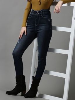 SHOWOFFFF - Womens Low Distress Skinny Fit Navy Blue Denim Jeans