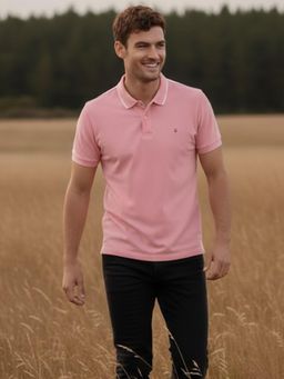 Louis Philippe - Men's Pink Polo T-Shirt with Collar Tipping and Branding on Sleeve