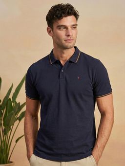 Louis Philippe - Men's Navy Polo T-Shirt with Collar Tipping and Branding on Sleeve