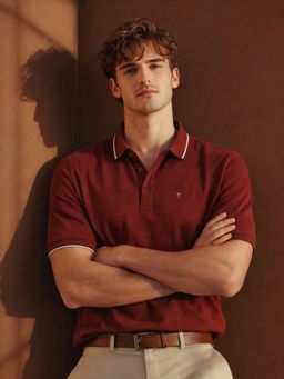 Louis Philippe - Men's Rust Polo T-Shirt with Collar Tipping and Branding on Sleeve