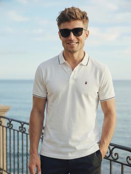 Louis Philippe - Men's White Polo T-Shirt with Collar Tipping and Branding on Sleeve