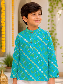 The Magic Wand - Cotton Woven Full Sleeves Printed Short Kurta - Turquoise