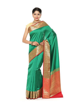 Banarasi Silk Works - Green Valkalam Katan Silk Anchal Saree with Unstitched Blouse