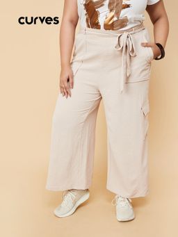 max - Beige Solid Regular Polyester Blend Trouser