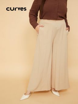 max - Beige Solid Regular Polyester Trouser