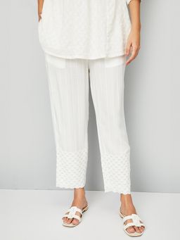 max - Off White Solid Regular Rayon Trouser