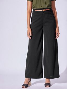 The Label Life - Black Solid Flared Polyester Trouser