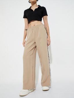 max - Beige Solid Regular Polyester Blend Trouser