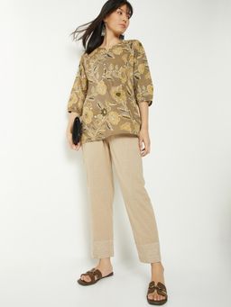 max - Beige Solid Regular Cotton Blend Trouser