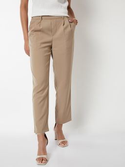 max - Beige Solid Regular Polyester Blend Trouser