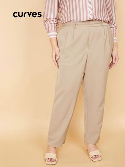 max - Beige Solid Regular Polyester Blend Trouser
