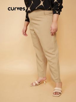 max - Beige Solid Regular Polyester Blend Trouser